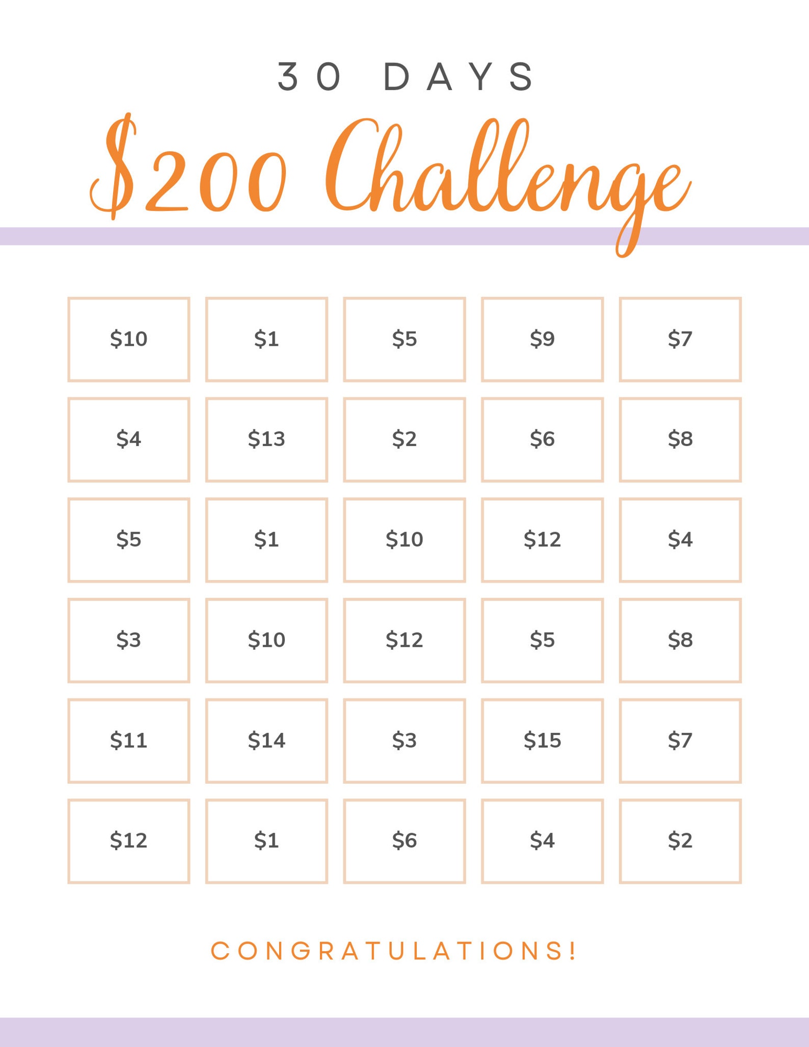Thirty Day Money Saving Challenge. Saving 200 Dollars Printable ...