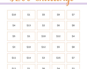 Desafío de ahorro de dinero de treinta días. Plantilla imprimible para ahorrar 200 dólares.