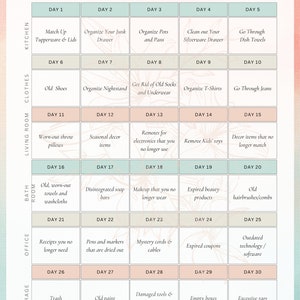 May include: A 30-day decluttering challenge chart with a grid of 30 squares. Each square has a day number and a decluttering task for each room of the house: kitchen, living room, bathroom, office, and garage.
