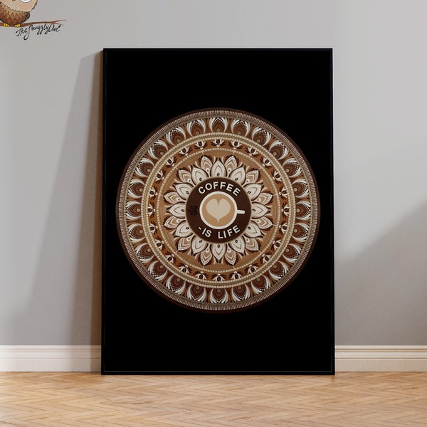 Dot Mandala Painting Poster Print Espresso Caffeine Design Oriental Sacred Geometry Artful Gift Coffee Bean Shop Decor Zen Barista Wall Art