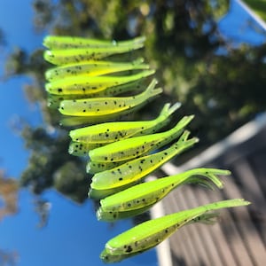 May include: A collection of chartreuse-colored soft plastic fishing lures with black speckles. The lures are arranged in a row, reflecting on a mirrored surface. The background shows a blurred view of trees and a blue sky.