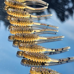 May include: A close-up of a row of gold and black fishing lures. The lures are made of soft plastic and have a segmented body. They are designed to mimic the appearance of a small fish.