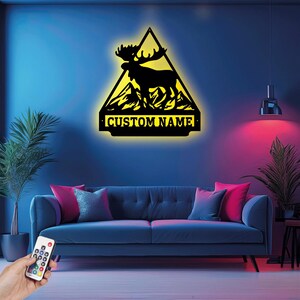Custom Moose Triangle Metal Wall Art With LED Light, Personalized Moose Name Sign Decoration For Room, Moose Home Decor, Farmhouse Wall Art