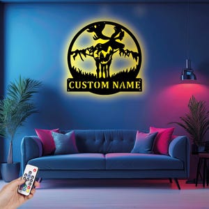 Custom Moose Metal Wall Art With LED Light, Personalized Moose Hunter Name Sign Decoration For Room, Moose Home Decor, Farmhouse Wall Art