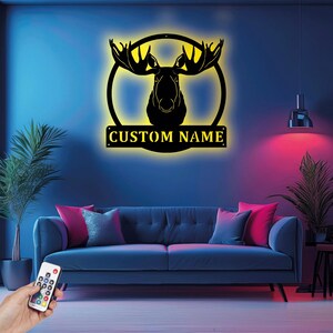 Custom Moose Head Metal Wall Art With LED Light, Personalized Moose Head Name Sign Decoration For Room, Moose Home Decor, Farmhouse Wall Art