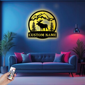 Custom Moose Mountains Wall Art With LED Light, Personalized Moose Name Sign Decoration For Room, Moose Home Decor, Farmhouse Wall Art