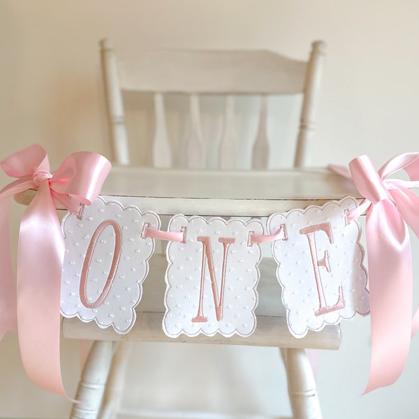 Simple Pink Embroidered First Birthday High Chair Banner | Bows and Scallops | Classic Theme | Girls First Birthday Banner | Swiss Dot