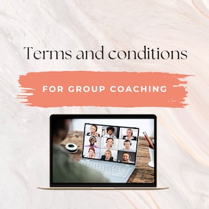May include: A laptop displays a video conference with nine participants. The screen is set against a marble-patterned background. Text at the top reads "Terms and conditions" with "FOR GROUP COACHING" below in a coral-colored banner.