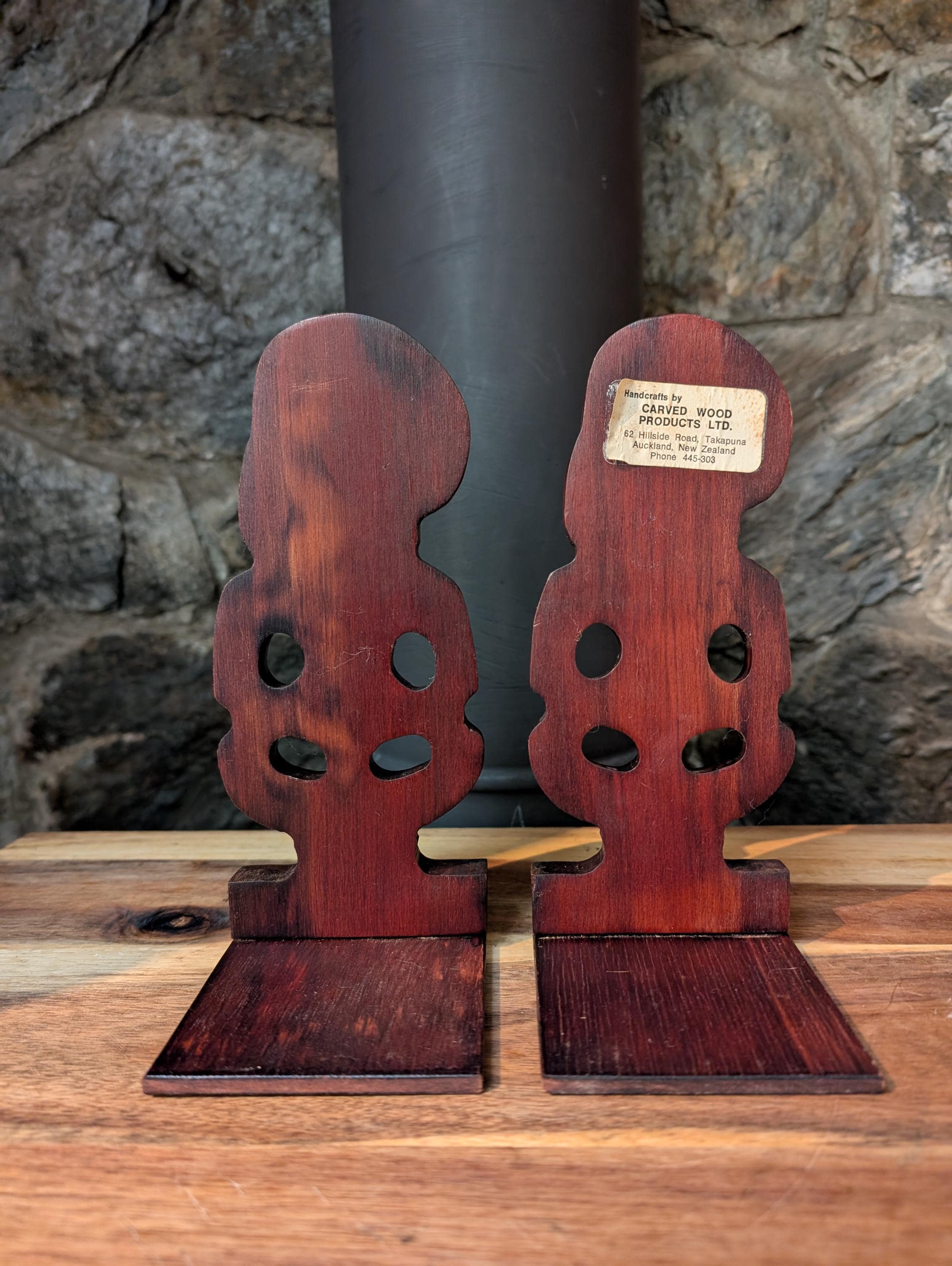 Vintage New Zealand Carved Wood Maori Tiki Bookends-paua Shell