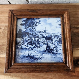Vintage Royal Mosa Art Tile-Mosa Ceramic Painting-Ceramic Wall Tile-Sheep Shearer-Delft Blue Painting-MCM Wall Decor