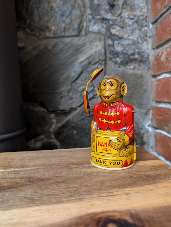 Vintage J.chein & Co. Tin Lithographed Mechanical Monkey Bank