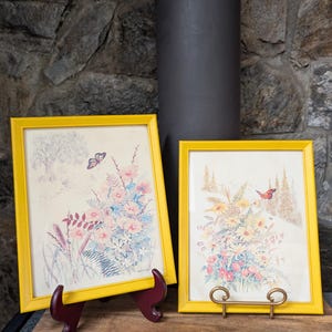 Vintage Pair Of Gloria Eriksen Prints In Bright Yellow Frames-Floral & Butterfly Scene