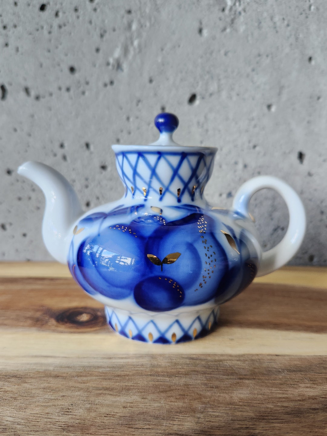 Vintage Porcelain Factory Teapot-10 Oz-cobalt Blue and Gold Fruit ...