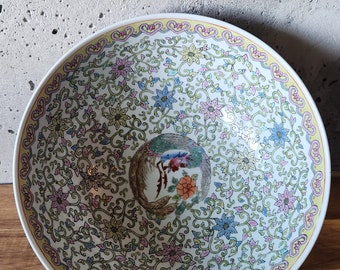 Vintage Chinese Eggshell Porcelain LARGE Bowl-MCM-Hand Painted Dragon and Phoenix Birds-Rare-Unique Bowl