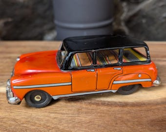 Vintage Asahi Toy Tin Litho Friction Station Wagon-Made in Japan-Collectible Toy