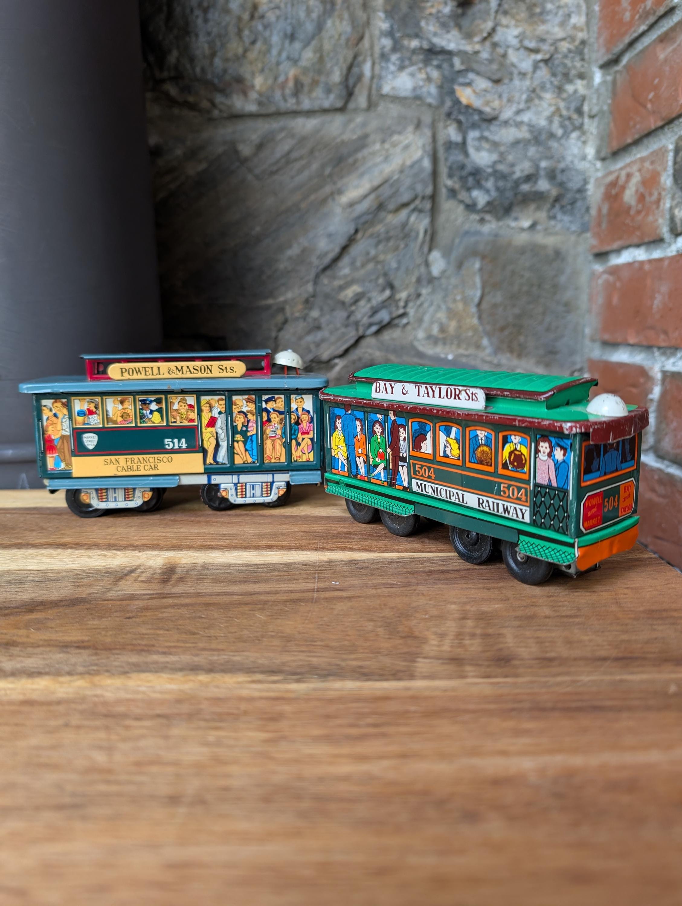 Vintage Pair of Municipal Railway Tin Cable Car Toys-tin Litho