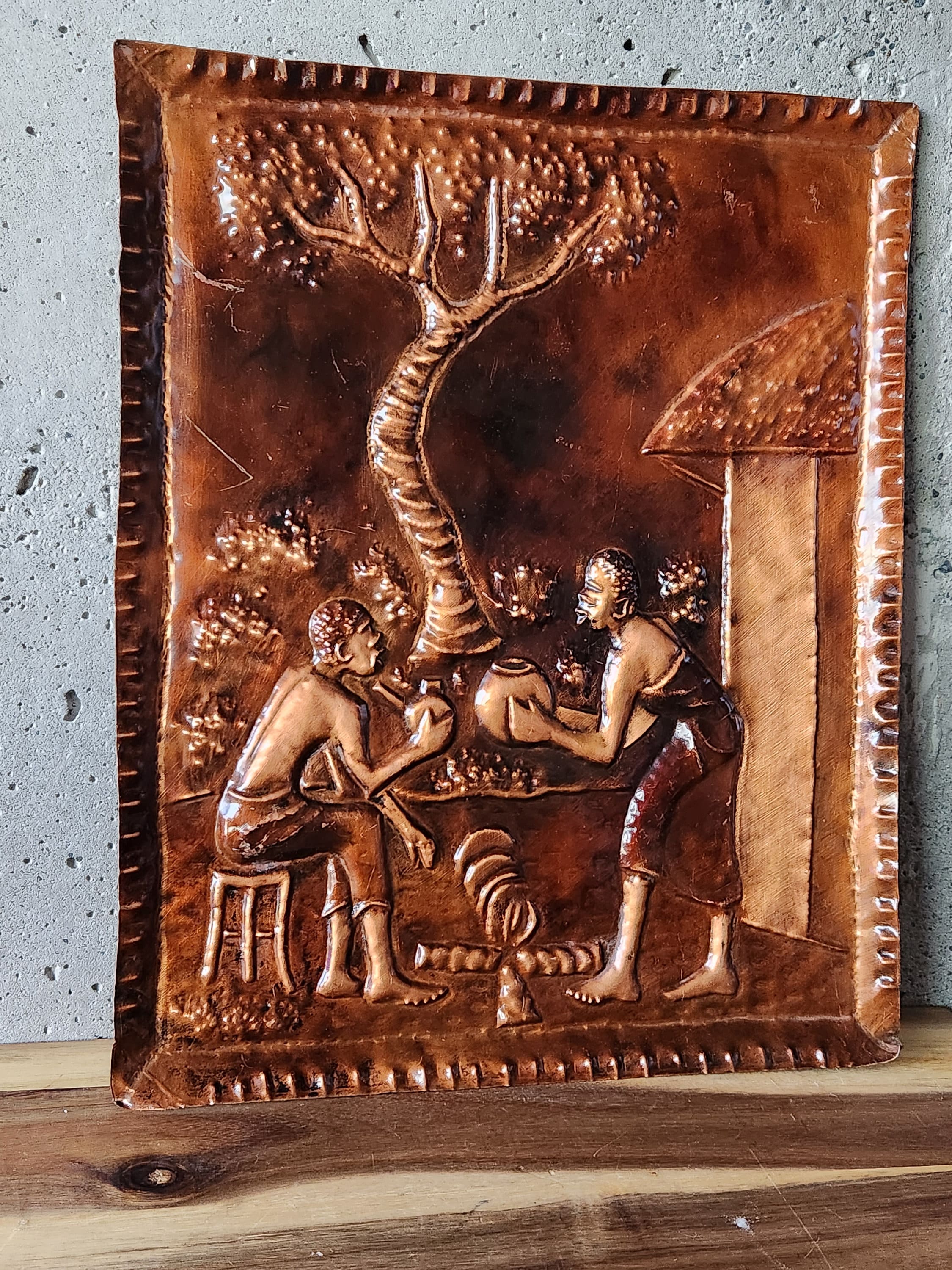 ART517　「古生代(ダークブラウン)」　チェコの銅版画　インテリアアート Vintage African Hammered Copper Wall Plaque-handrcrafted Copper