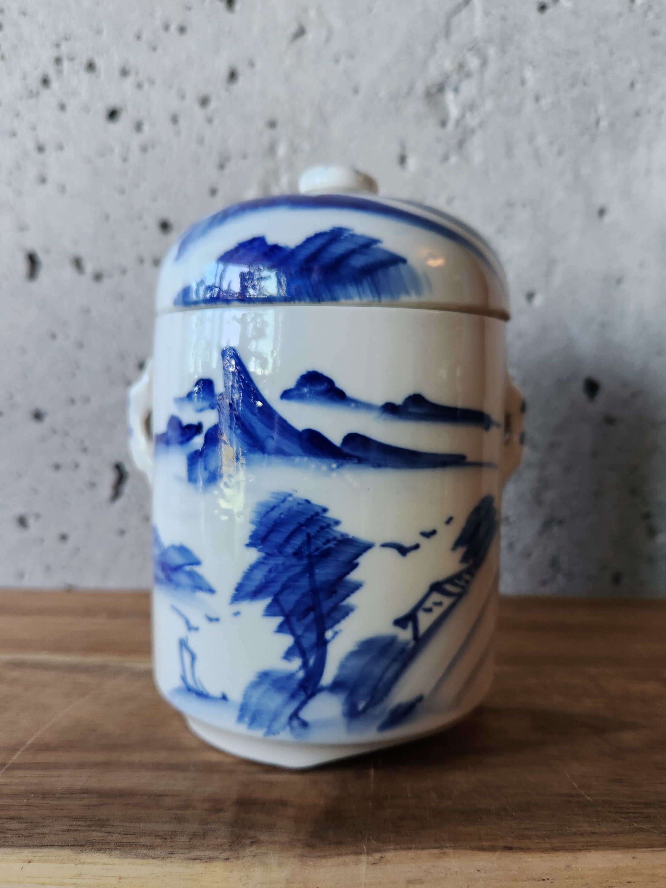 Vintage Chinese Hand Painted Tea Caddy-Celadon Blue and White-Hand Painted on Porcelain-Circa 1940's