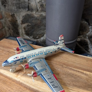 Vintage Pan American DC-4 Tin Litho Toy Plane-1950&#39;s Made In Japan-Yonezawa Toys Co. Ltd.