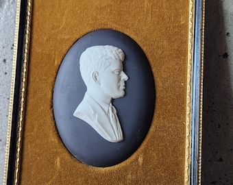 Vintage Wedgwood Black Jasperware Medallion Plaque of John F Kennedy-Bucklow Frame-Very Rare Item-President JFK-Rare Wedgwood-England