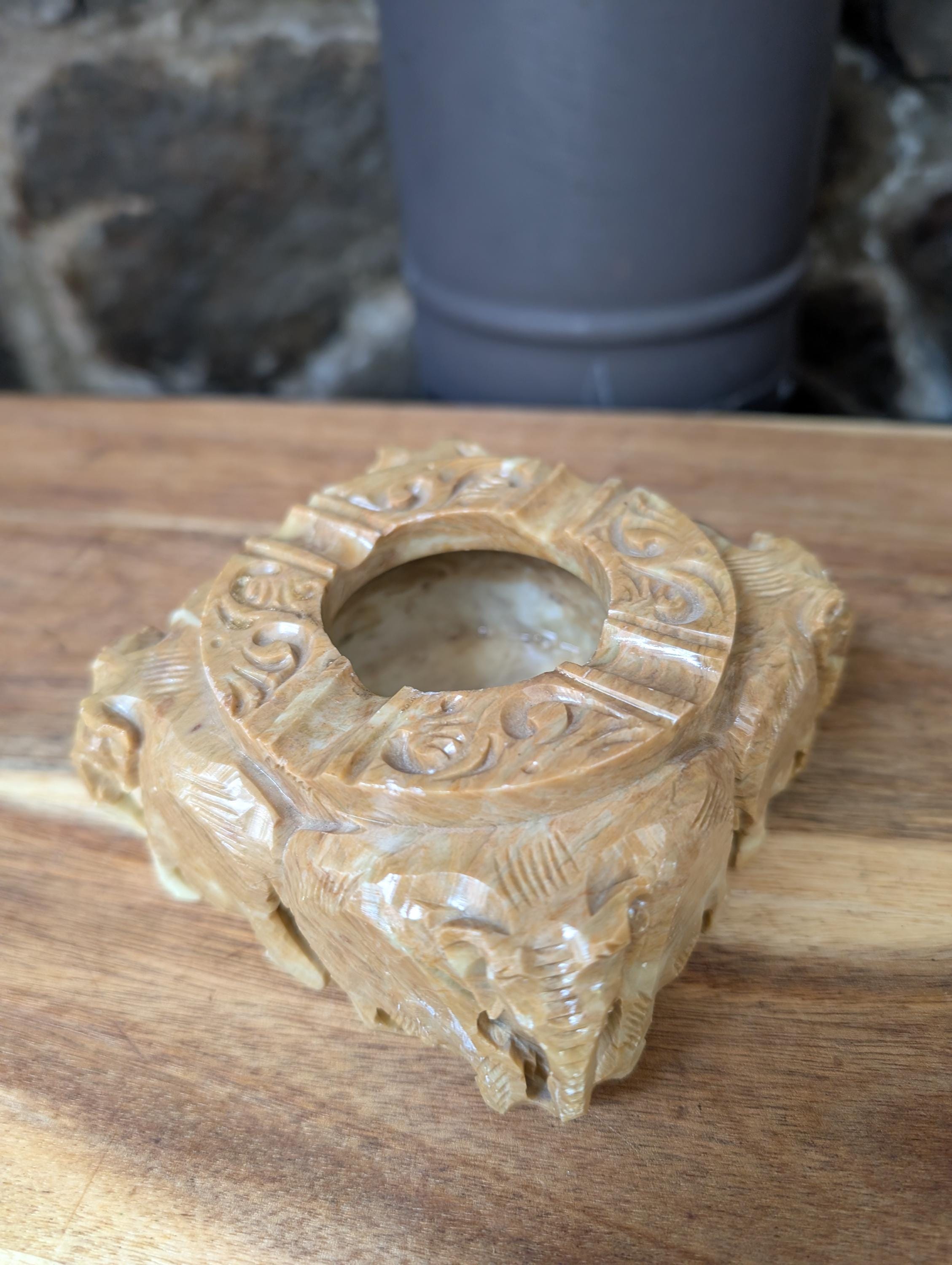 Vintage Soapstone Ashtray With Intricate Carving Designs and
