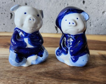 Salt and Pepper Shakers-Happy and Sad Piggies-Ceramic-Colorful Tableware-Blue Ceramic