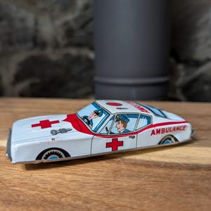 Vintage Japanese Tin Litho Friction Toy Ambulance Car