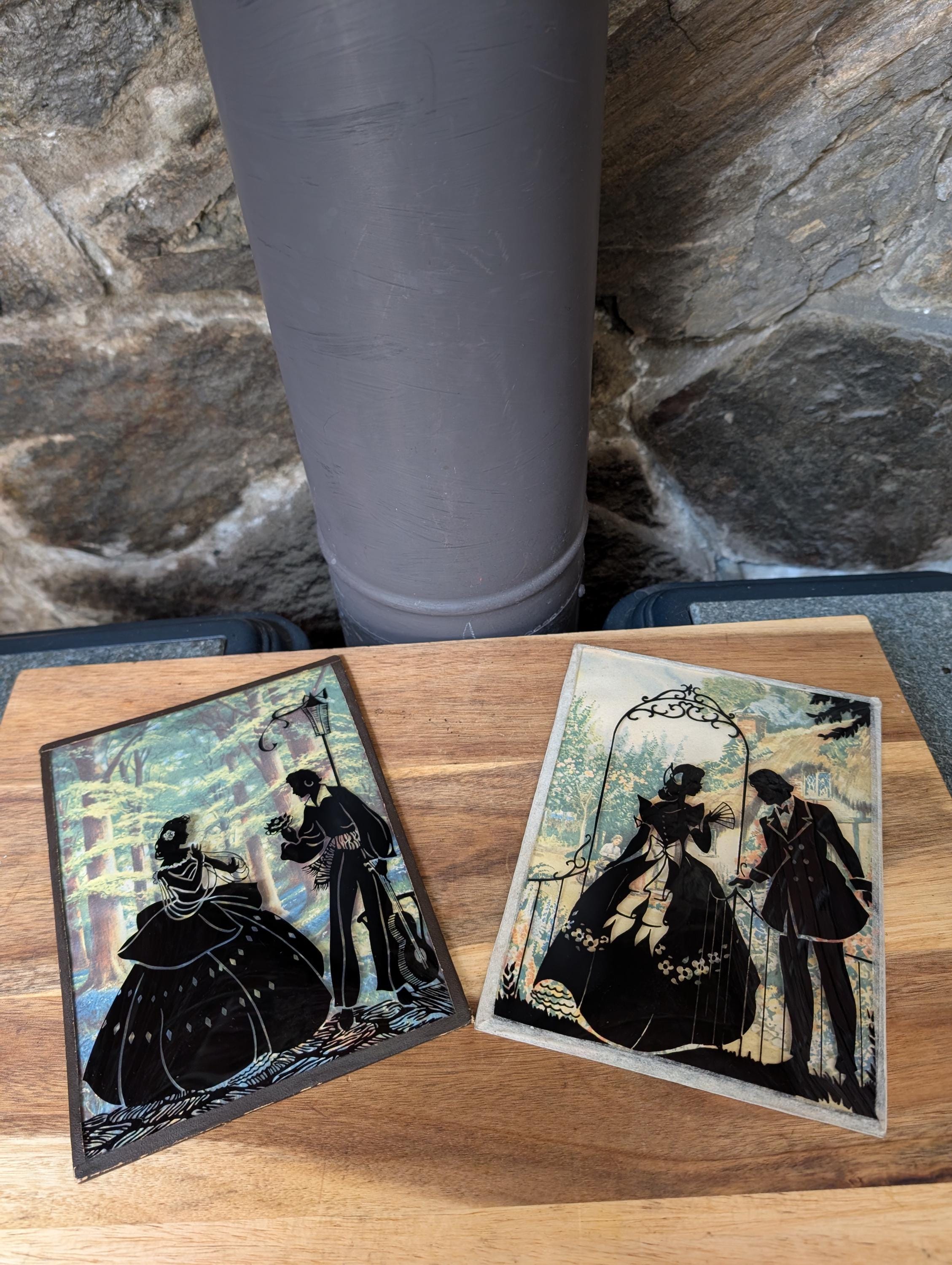 Antique Pair of Reverse Painted Silhouettes-circa 1920's-convex