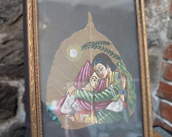 Vintage Indian Oil Painting on Real Skeleton Peepal Tree Leaf-Original Frame