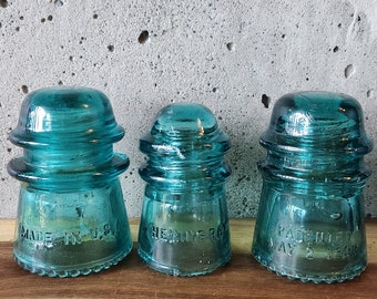 Vintage Set of 3 Hemingray Glass Insulators-Patented May.2.1893-Vintage Blue Green Glass Deco-Vintage USA-Vintage Glass Shelf Deco