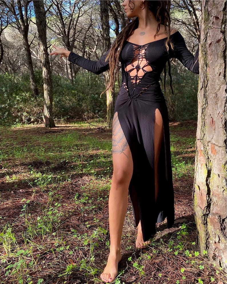 Handgemaakte katoenen jurk met gevlochten split - Calypso Design