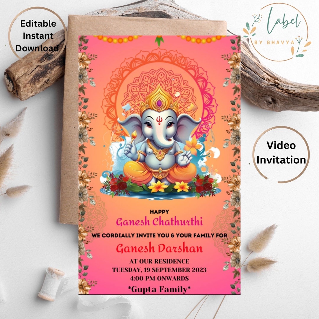 Editable Ganesh Chaturthi Video Invitation , Ganpati Darshan Invites & Ganesh Puja Card, Digital