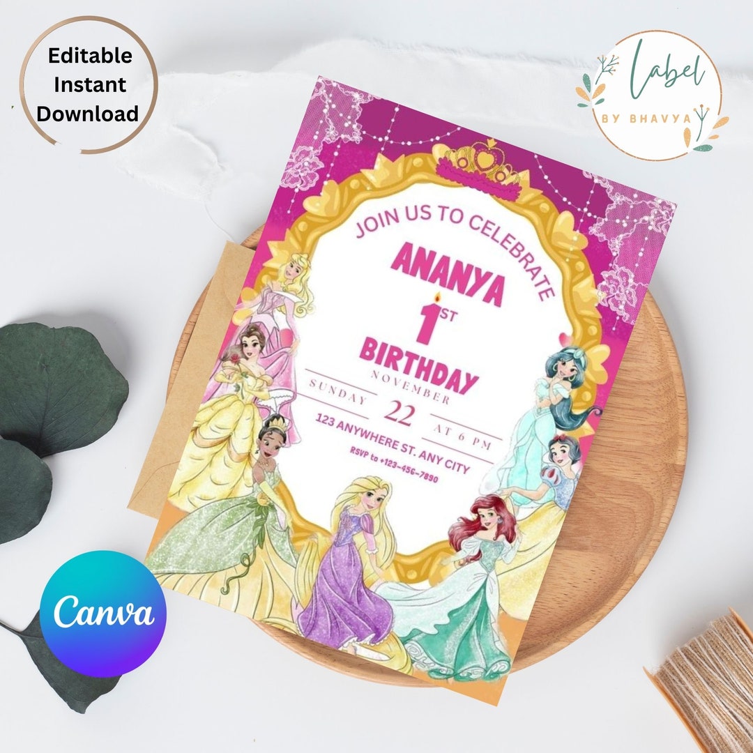 Editable Digital Disney Princess Birthday Invitation Birthday Etsy
