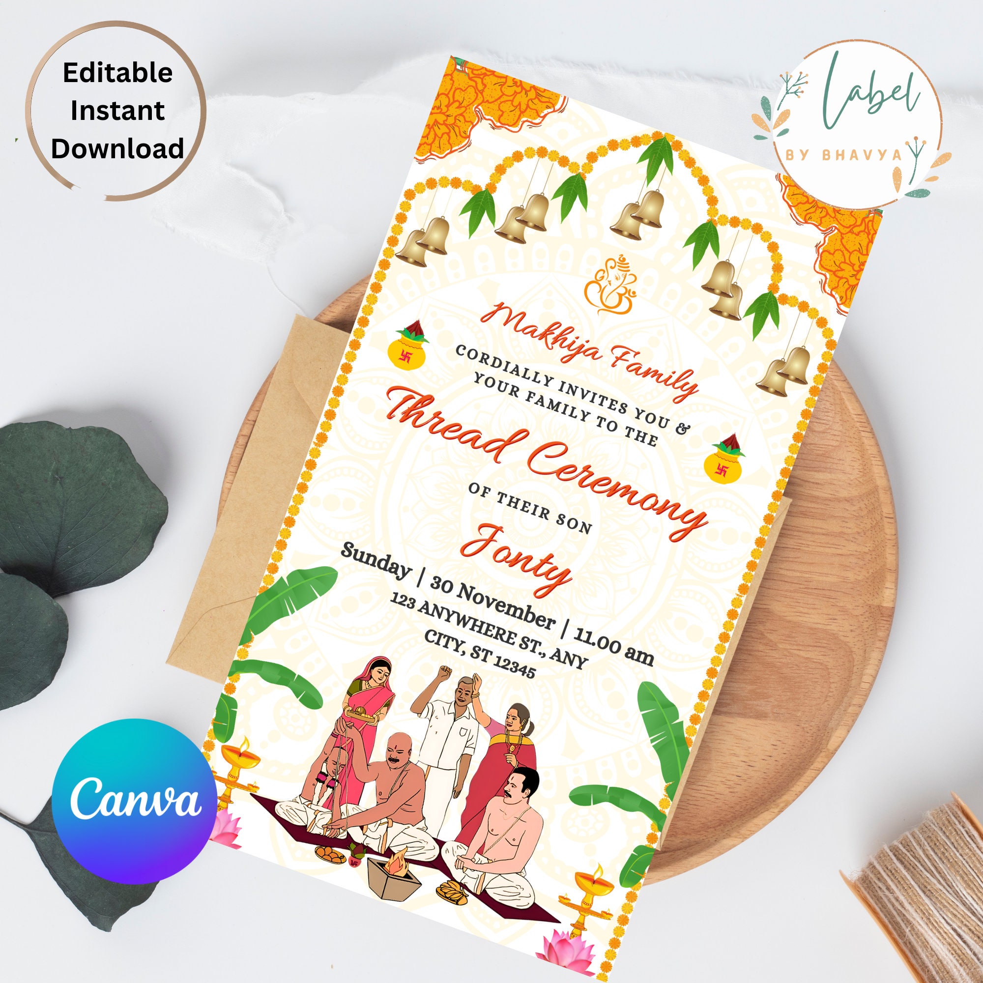 Editable Upanayanam Ceremony Invite,indian Thread Ceremony Invitation
