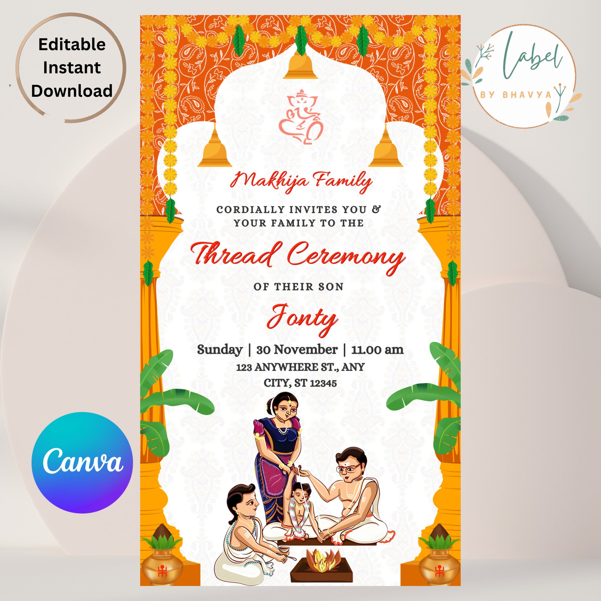 Editable Upanayanam Ceremony Invite,indian Thread Ceremony Invitation