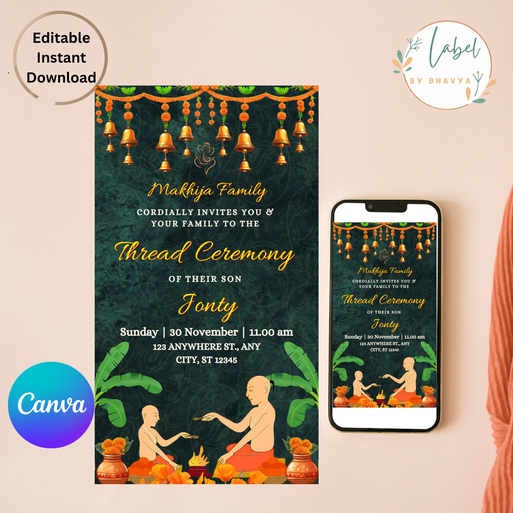 Editable Upanayanam Ceremony Invite,indian Thread Ceremony Invitation