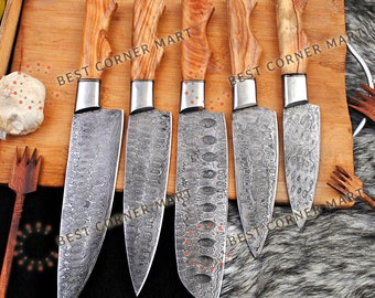 Hand gesmeed Damascus chef-kok set, handgemaakt keukenmes, Damascus koksmessen, kookmes, keukenmessen, jubileumcadeaumessen