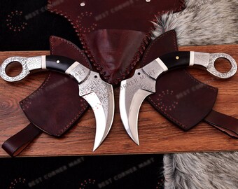 Custom Hand Forged Damascus Steel Karambit Knife, Karambit pair With Leather Sheath, Gift for Him, Anniversary Gift, Bushcraft Knife
