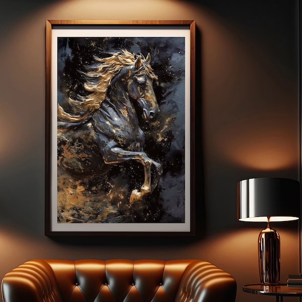 Impression d'art mural cheval, impression de peinture cheval, cadeaux pour homme, femme, impression d'or noir, impression d'art abstrait, impression d'art mural tendance, impression d'animaux