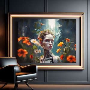 Cyberpunk girl print Cyber art girl feminino cyborg print Poster futuro Mulher poder Futurista cyber girl robô Cyber art print Natureza flor