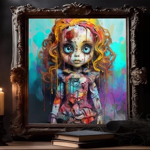 Creepy doll picture scary doll horror doll art gothic dollart print scary picture woman fantasy print Colourful portrait Painting Gothic art