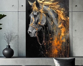 Horse wall Art Print, abstract horse art, Modern Equine Portrait, Black and Gold
