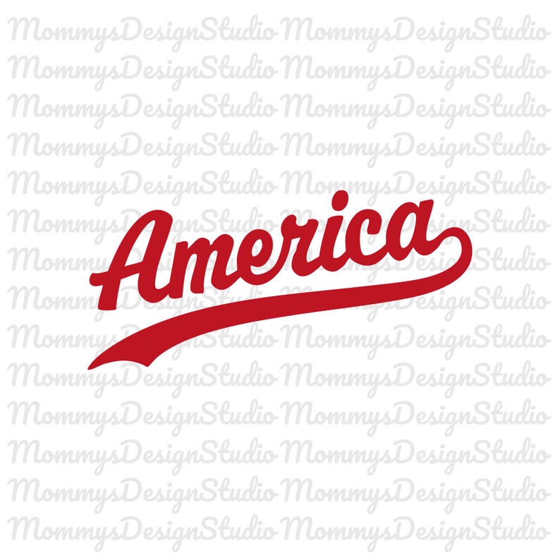 May include: Red script text that reads "America" with a curved underline. The background features a repeating pattern of the words "MommysDesignStudio" in a light gray color.