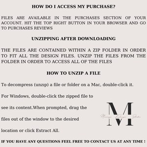 May include: A beige graphic with black text providing instructions on accessing and unzipping files after purchase. The text includes steps for Mac and Windows users, and a logo for Mamaya Design Studio.