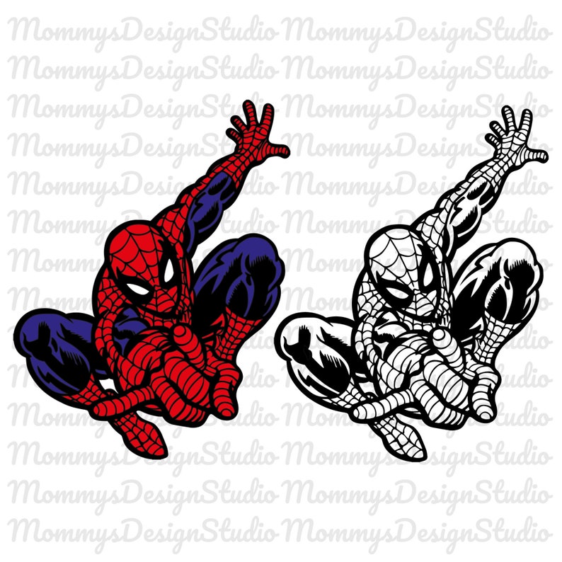 May include: A red and blue Spiderman character in a web-slinging pose. A black and white version of the character is shown to the right.