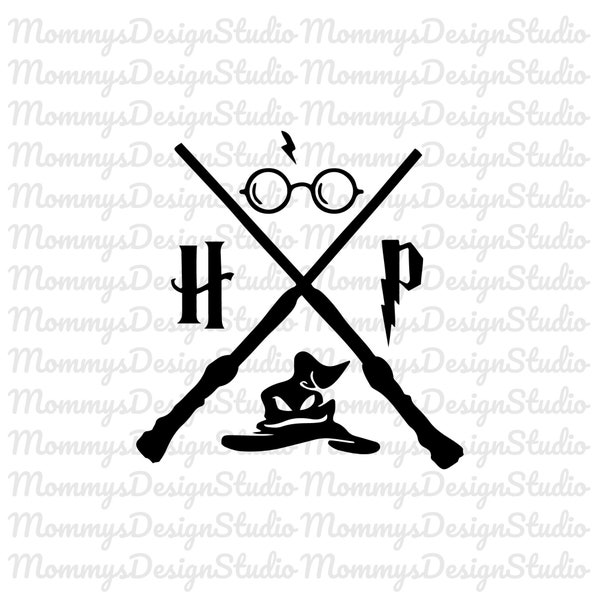 May include: Black and white graphic featuring crossed wands, glasses, a lightning bolt, and a sorting hat. The letters "HP" are also included in the design. The background has a repeating pattern of the words "MommysDesignStudio".