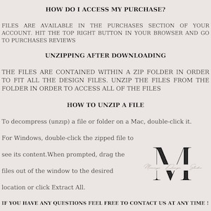 Peut inclure: Instructions &eacute;crites expliquant comment acc&eacute;der et d&eacute;compresser un achat num&eacute;rique. Le texte indique "Comment acc&eacute;der &agrave; mon achat ?" "Les fichiers sont disponibles dans la section Achats de votre compte. Cliquez sur le bouton en haut &agrave; droite de votre navigateur et acc&eacute;dez aux avis sur les achats." "D&eacute;compression apr&egrave;s le t&eacute;l&eacute;chargement" "Les fichiers sont contenus dans un dossier zip afin de s'adapter &agrave; tous les fichiers de conception. D&eacute;compressez les fichiers du dossier afin d'acc&eacute;der &agrave; tous les fichiers." "Comment d&eacute;compresser un fichier" "Pour d&eacute;compresser (d&eacute;zipper) un fichier ou un dossier sur un Mac, double-cliquez dessus." "Pour Windows, double-cliquez sur le fichier zipp&eacute; pour voir son contenu. Lorsque vous y &ecirc;tes invit&eacute;, faites glisser les fichiers hors de la fen&ecirc;tre vers l'emplacement souhait&eacute; ou cliquez sur Extraire tout." "Si vous avez des questions, n'h&eacute;sitez pas &agrave; nous contacter &agrave; tout moment !" Un logo noir et blanc avec le texte "Mommy Design Studio" se trouve dans le coin inf&eacute;rieur droit.
