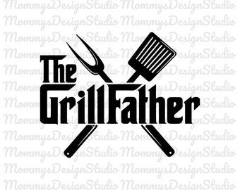 May include: Black and white graphic design with the text "The Grill Father" and a crossed spatula and fork.