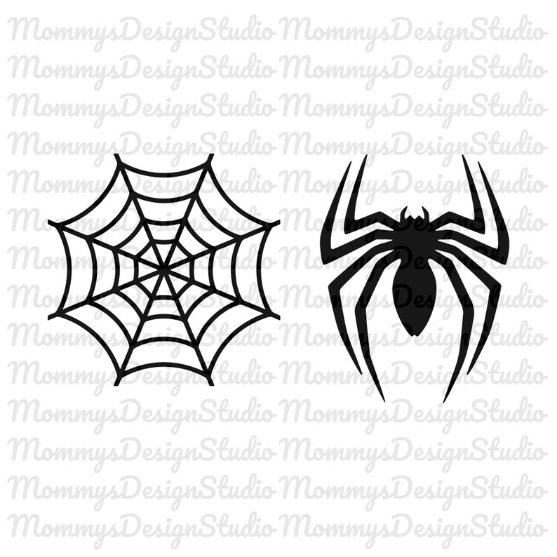Peut inclure: Silhouette noire et blanche d'une toile d'araign&eacute;e et d'une araign&eacute;e. L'araign&eacute;e a huit pattes et un corps rond.