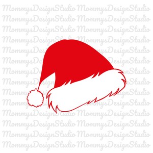 May include: A red and white Santa hat with a white pom-pom on top. The hat is a Christmas decoration.